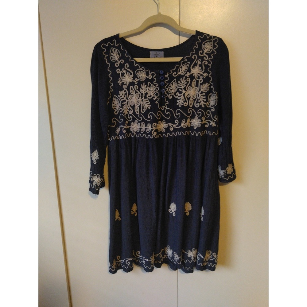 Womens Floral Embroidered Boho Summer Dress Size M Flowy Crinkle Festival Resort